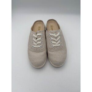 Spenco Womens 7 Slip-On Beige & White Striped Canvas Sneakers